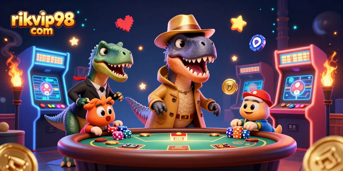 Experience the excitement at rikvip98 com with a unique cartoon dinosaurs gambling scene.