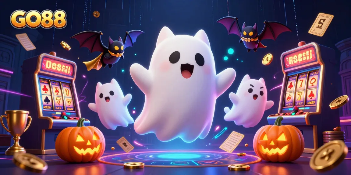 GO88 showcases a lively scene with a cartoon ghost cat and a vampire bat in a casino setting.