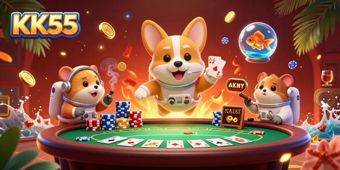 Experience thrilling gameplay at KK55 with a 3D scene featuring an astronaut corgi and casino elements.
