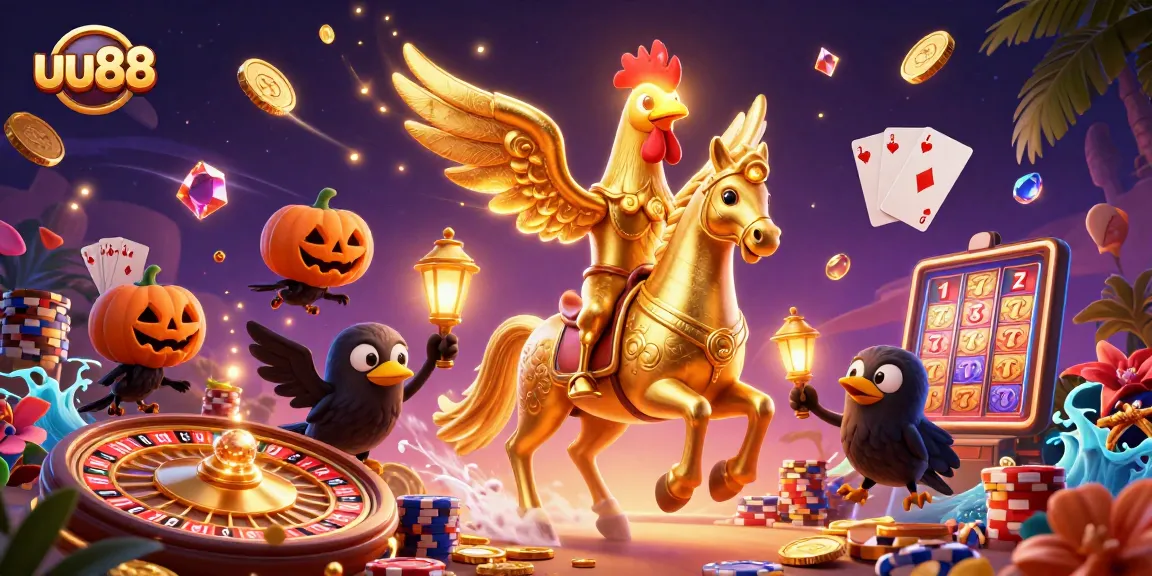 uu88 brings excitement with a vibrant 3D casino illustration featuring dazzling coins and game elements.
