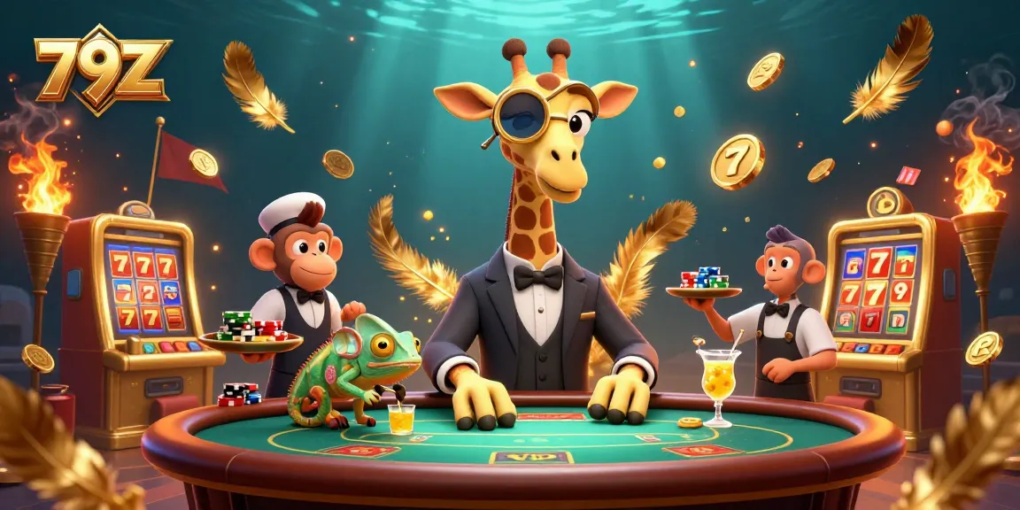 Win with 79Z at a dynamic casino scene featuring a high-roller giraffe and vibrant game elements.