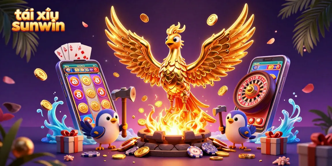 Tài xỉu sunwin features a golden phoenix emerging with coins, dynamic casino elements abound