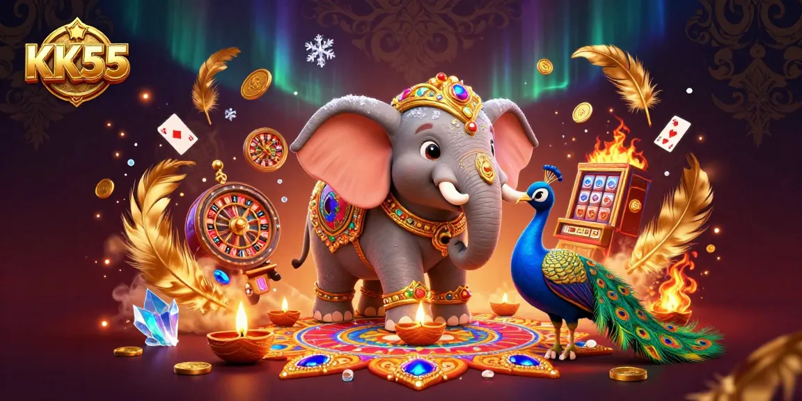 Experience KK55 with animated casino elements featuring a colorful elephant and peacock amidst vibrant game scenes.