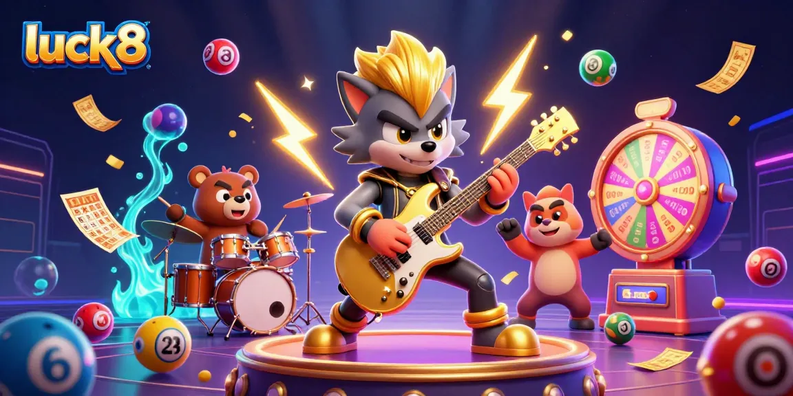 Join the luck8 casino adventure with a dynamic scene of a rock star wolf and drummer bear.