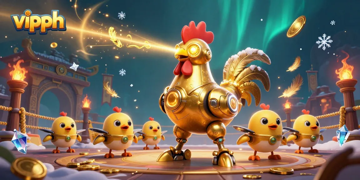 Experience the thrilling action of vipph casino with a golden rooster robot amidst gaming excitement.