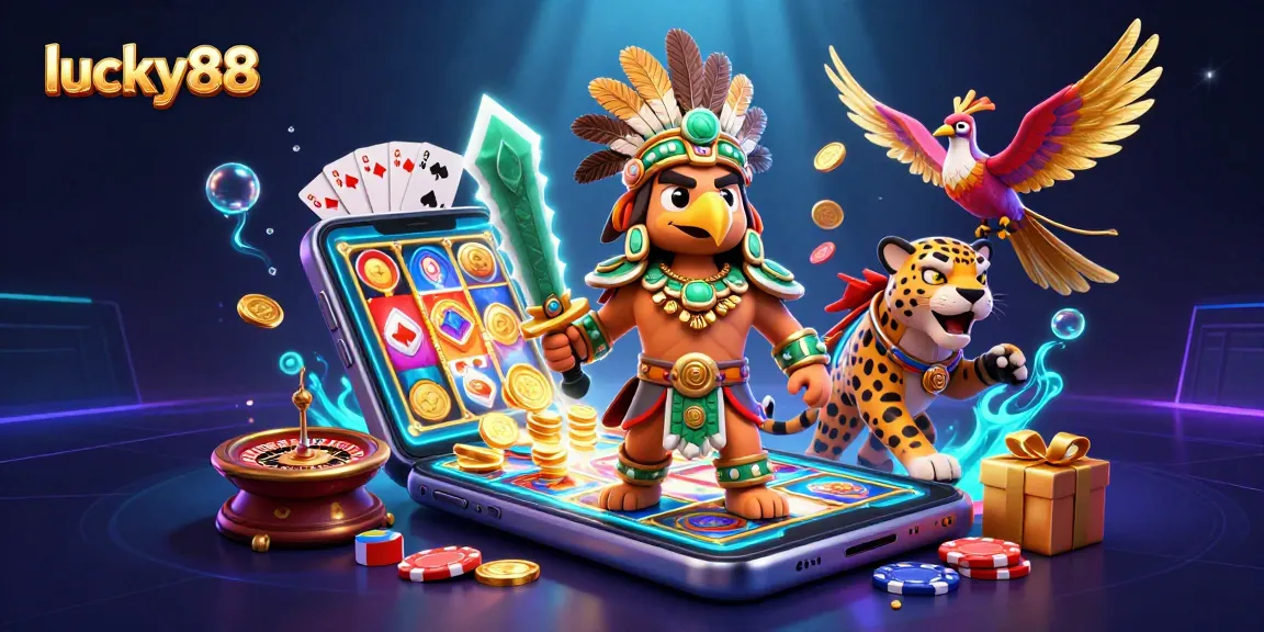 Get lucky88 with engaging slot game action featuring energetic Aztec characters and vibrant casino elements.