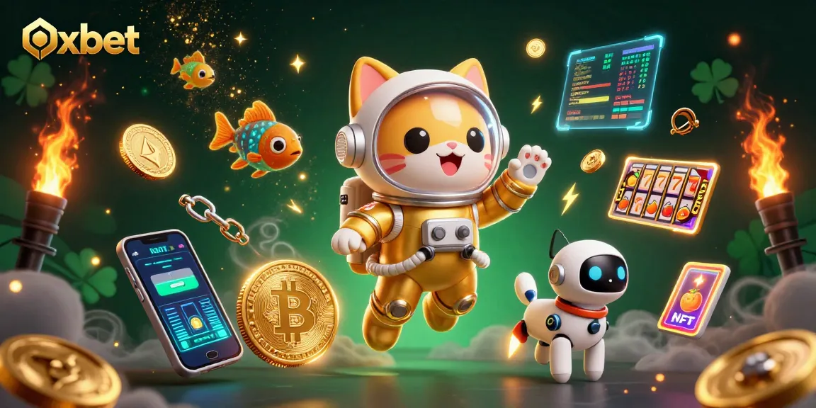 Experience thrilling gameplay at Oxbet with a dynamic illustration featuring a floating astronaut cat and crypto elements.
