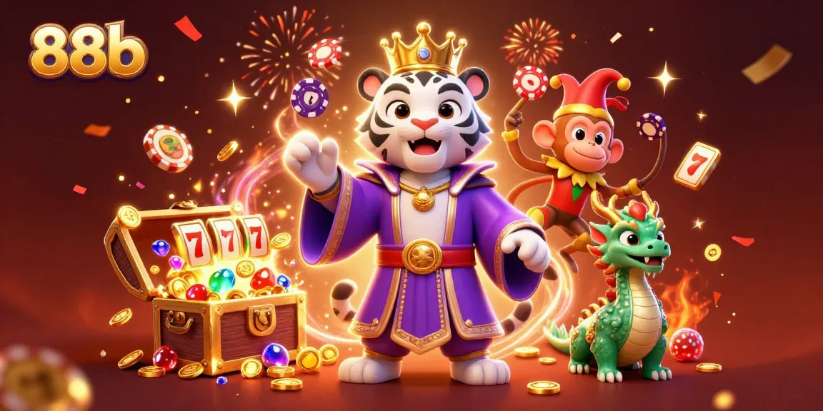 Engage in thrilling casino action at 88b with vibrant characters, games, and festive elements.
