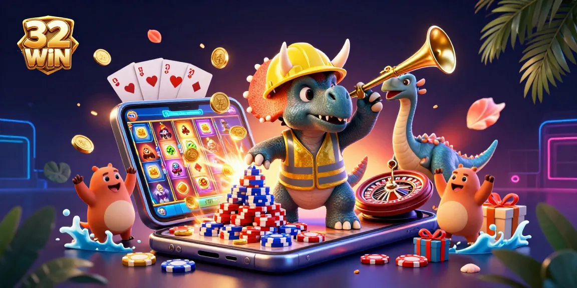 32WIN showcases a vibrant illustration of a joyful triceratops and friends celebrating a successful casino experience with poker chips and games.