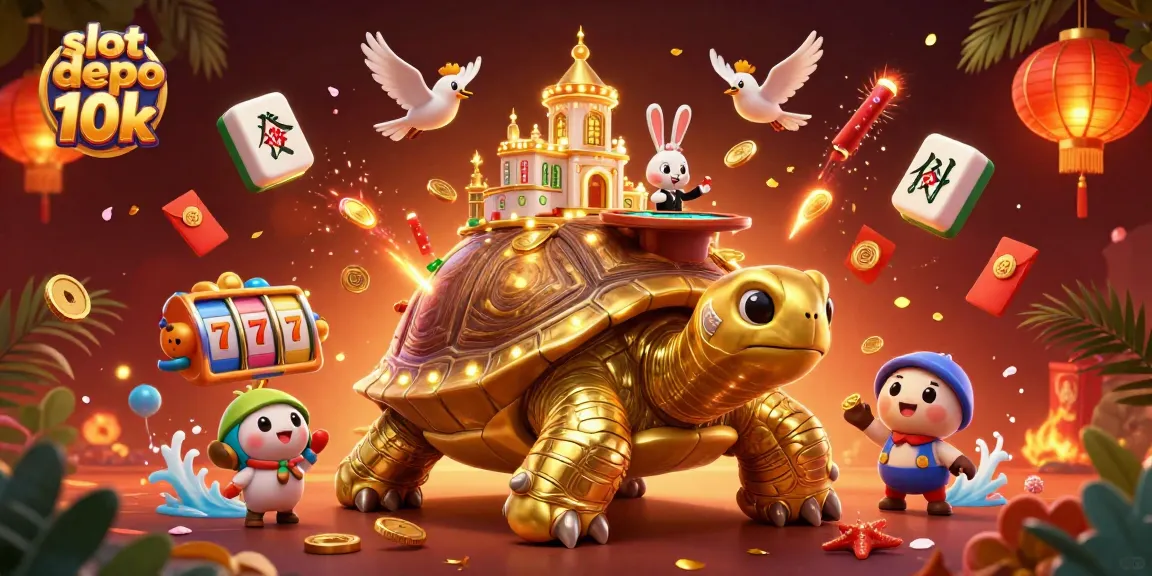 Engage with slot depo 10k through a vibrant digital casino scene featuring a golden tortoise and festive game elements.