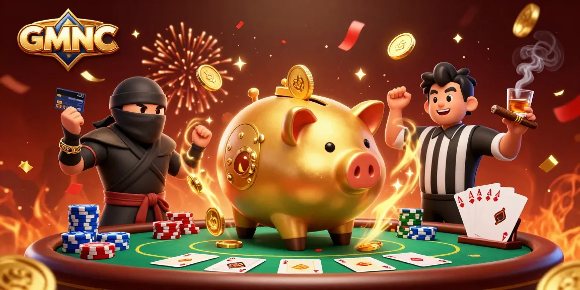 GMNC showcases thrilling casino action with an enormous golden piggy bank sumo wrestler surrounded by vibrant poker elements.