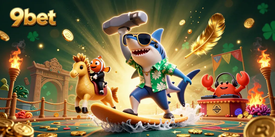 Surf on gold coins with 9bet's hammer-head shark and friends in a vibrant casino scene.