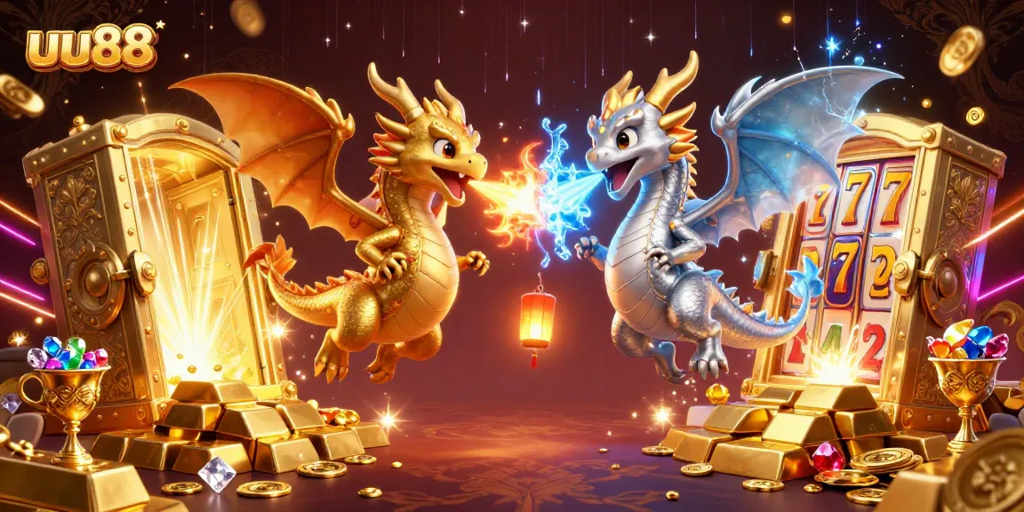 Experience gambling excitement with uu88 in a whimsical scene of dragons and treasure.