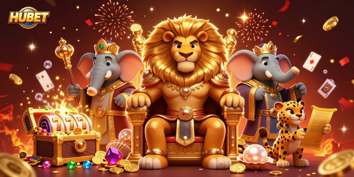 Join the thrilling world of HUBET with a regal lion king and vibrant casino elements.