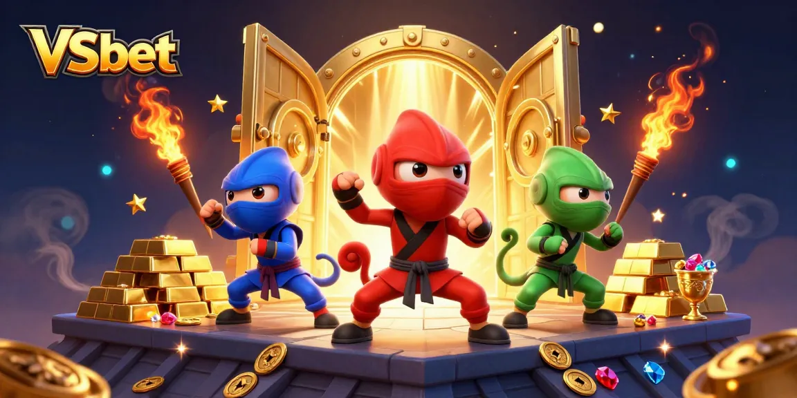 VSbet offers thrilling gaming action with ninja chameleons amid treasure in a vibrant casino world.