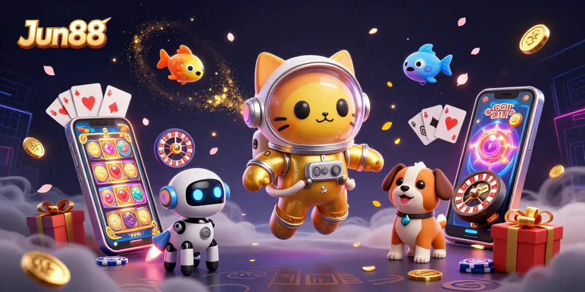 Experience exciting games at Jun88 with a dynamic 3D casino scene, featuring unique characters and vibrant gambling elements.