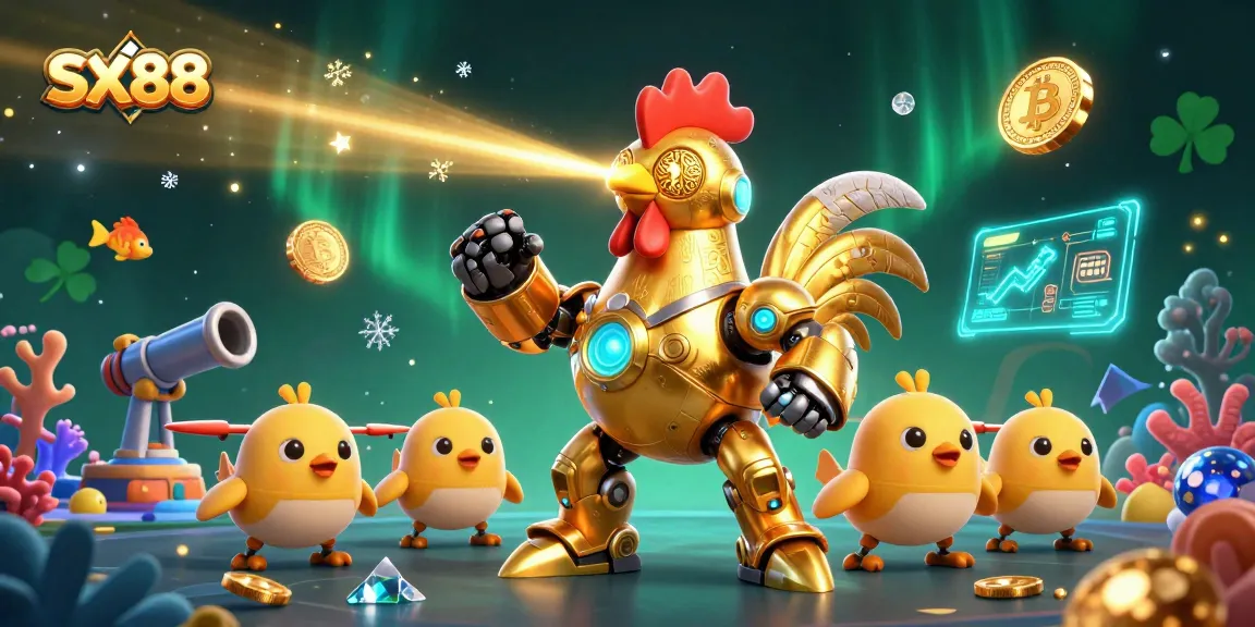 SX88 engages players with a futuristic golden rooster and baby chick drones in a vibrant underwater scene.