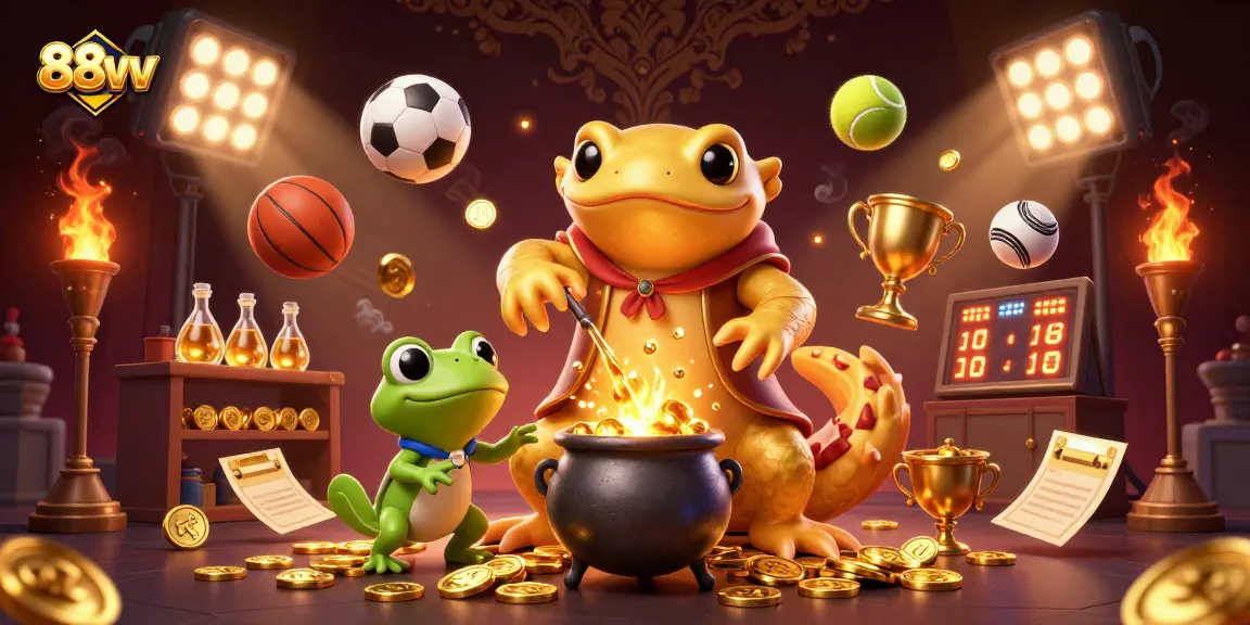 88vv's lively gaming scene illustrates a dynamic online casino experience with gold coins and sports excitement.