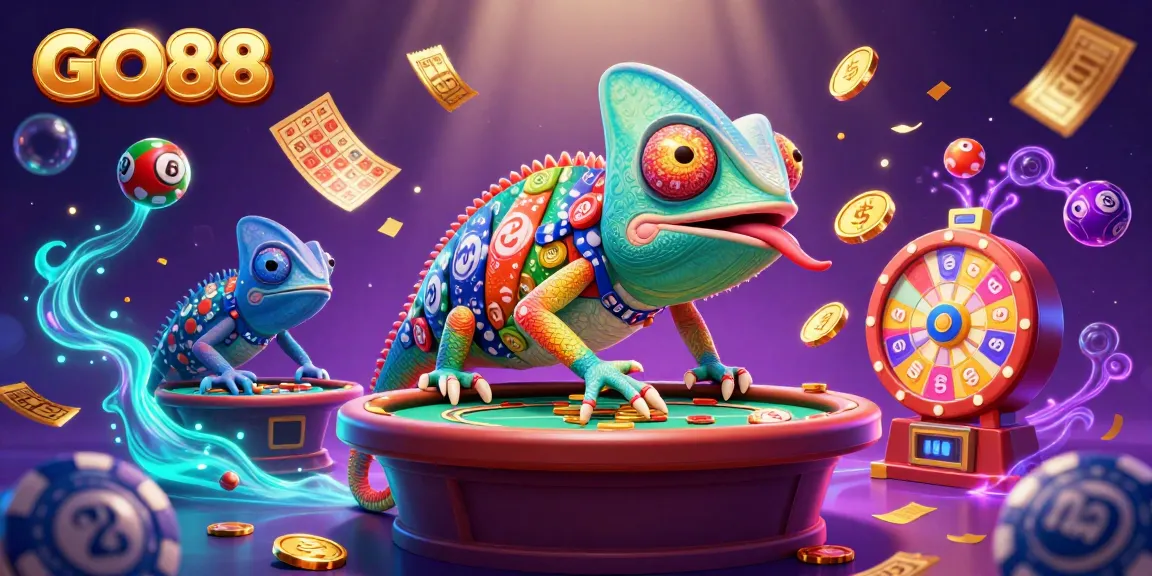 Spin to win at GO88 with a vibrant 3D scene featuring a chameleon casino owner amidst lottery balls and bingo cards