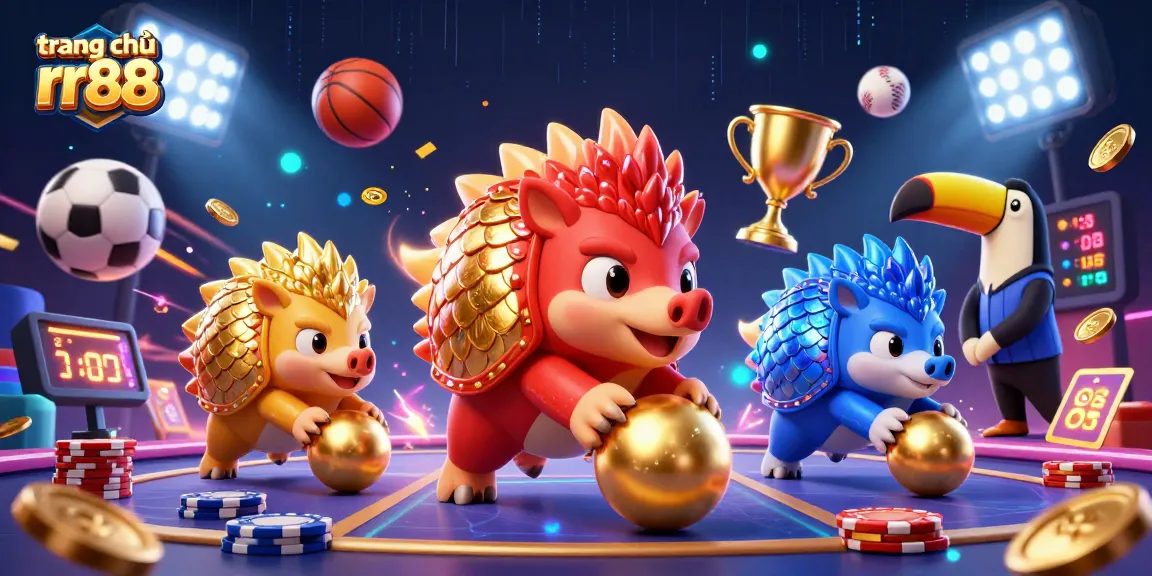 Experience the dynamic action of trang chủ rr88 with cartoon pangolins in a vibrant casino setting.