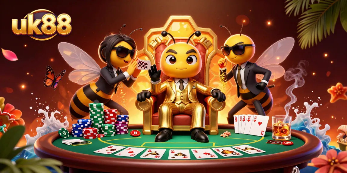 Engage with the vibrant uk88 casino scene featuring a bumblebee mob boss presiding over a poker table.