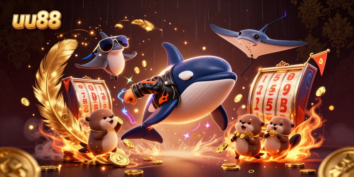 uu88 offers thrilling gameplay with a colorful orca whale, stingray, and otters floating in casino-inspired fun.