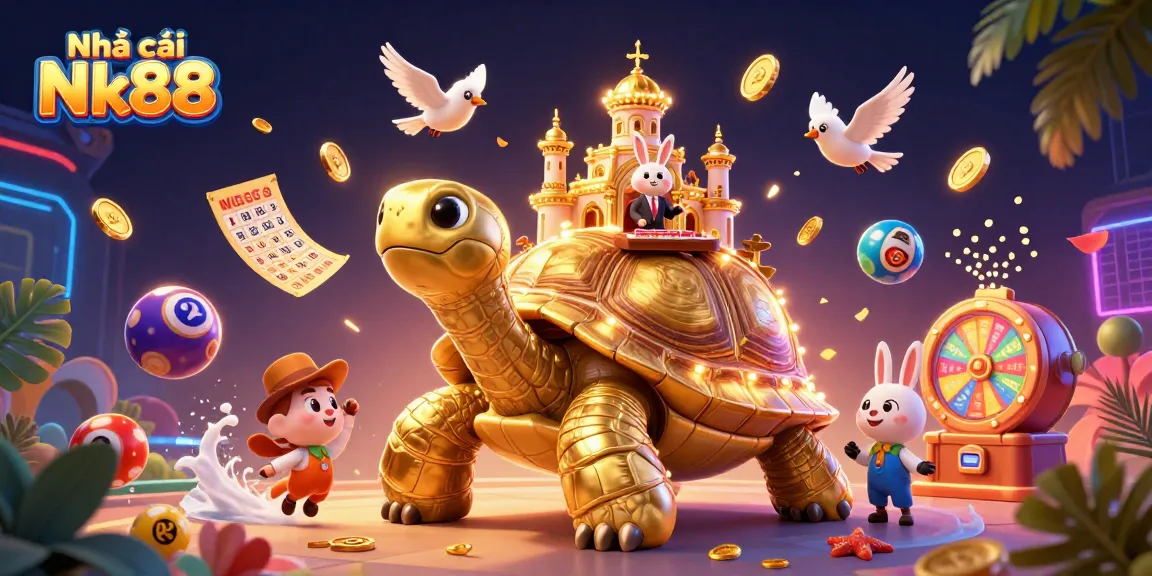 Play exciting games with Nhà cái Nk88, featuring a vibrant 3D gambling scene with dynamic lottery elements.