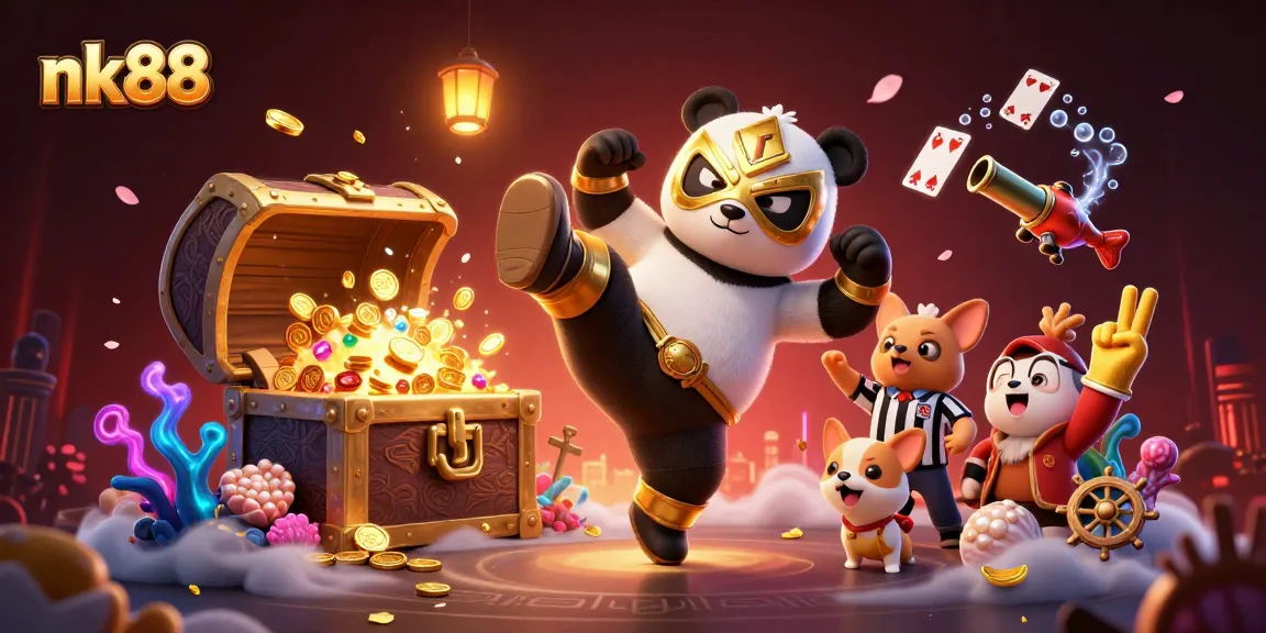 nk88 captivates players with a thrilling scene of a panda wrestler and exciting casino elements.