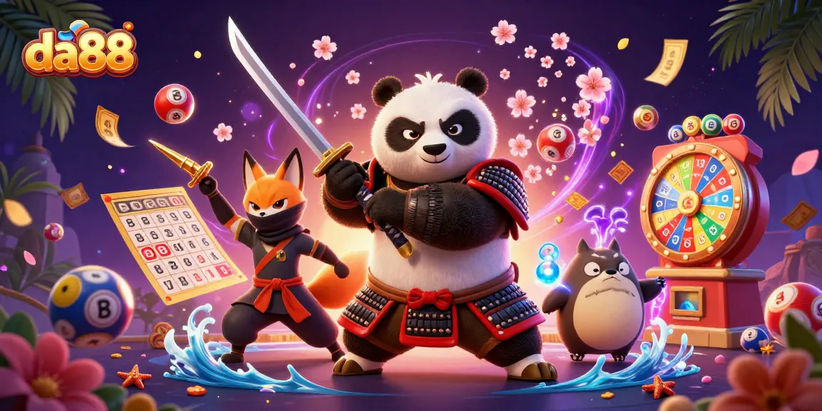 da88 lottery excitement with a samurai panda, ninja fox, and magical tanuki amidst vibrant gaming elements