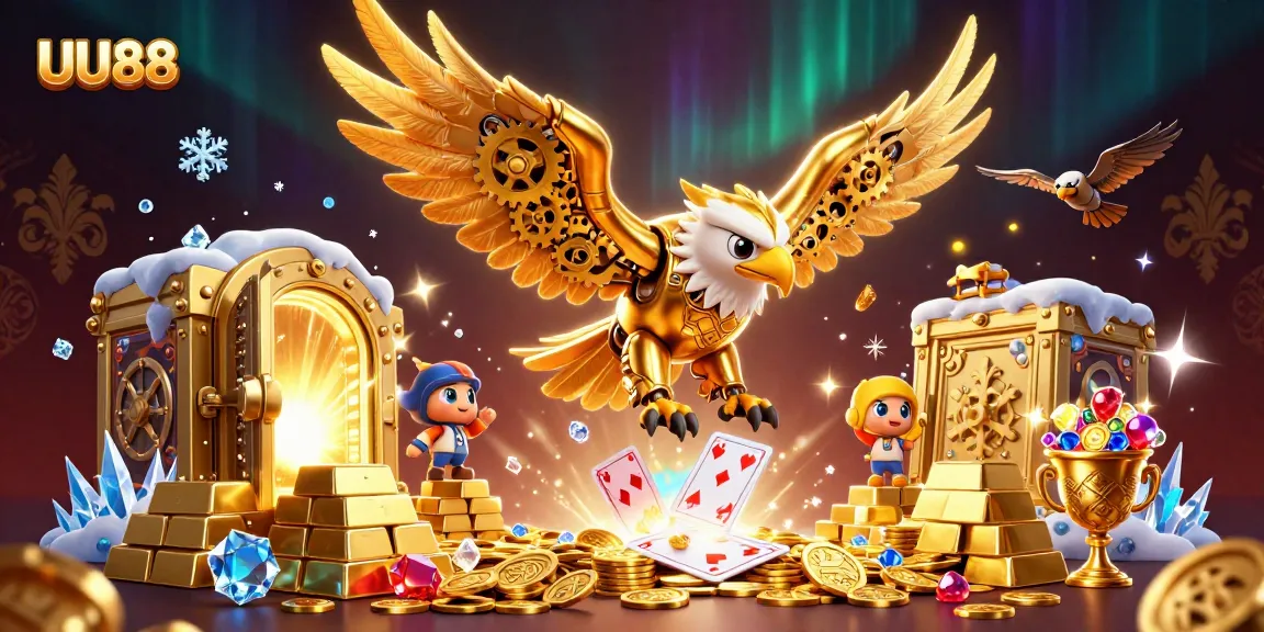 Engage with thrilling slot gameplay at UU88, where a cybernetic eagle dives through holographic cards.
