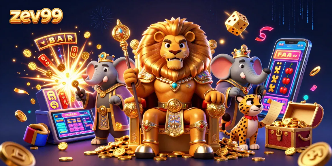 Experience exciting casino adventures with zev99, featuring a lion king, an elephant advisor, and a cheetah, amidst colorful slot symbols.