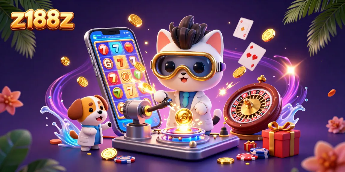 Experience z188z's thrilling casino atmosphere with 3D illustrated characters amidst dynamic gambling elements.