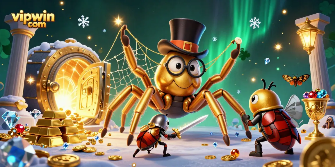 Experience excitement at vipwin com with a vibrant 3D casino scene featuring intriguing characters and treasures.