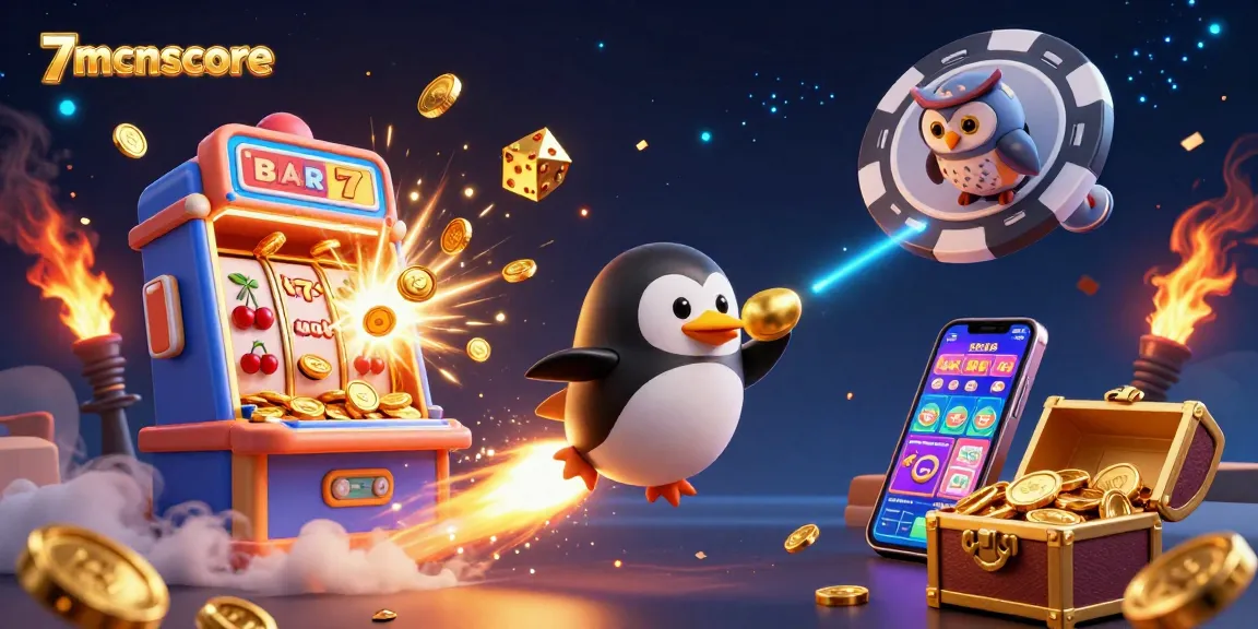 Experience the excitement of 7mcnscore as a golden penguin launches towards a casino space station filled with jackpots.