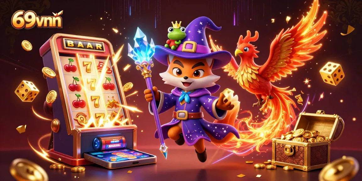 Experience winning at 69vnn with a captivating 3D illustration of a magical casino world bursting with excitement.