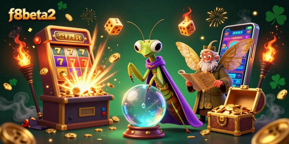 Experience f8beta2's vibrant casino world with a rich 3D illustration of slots and characters.