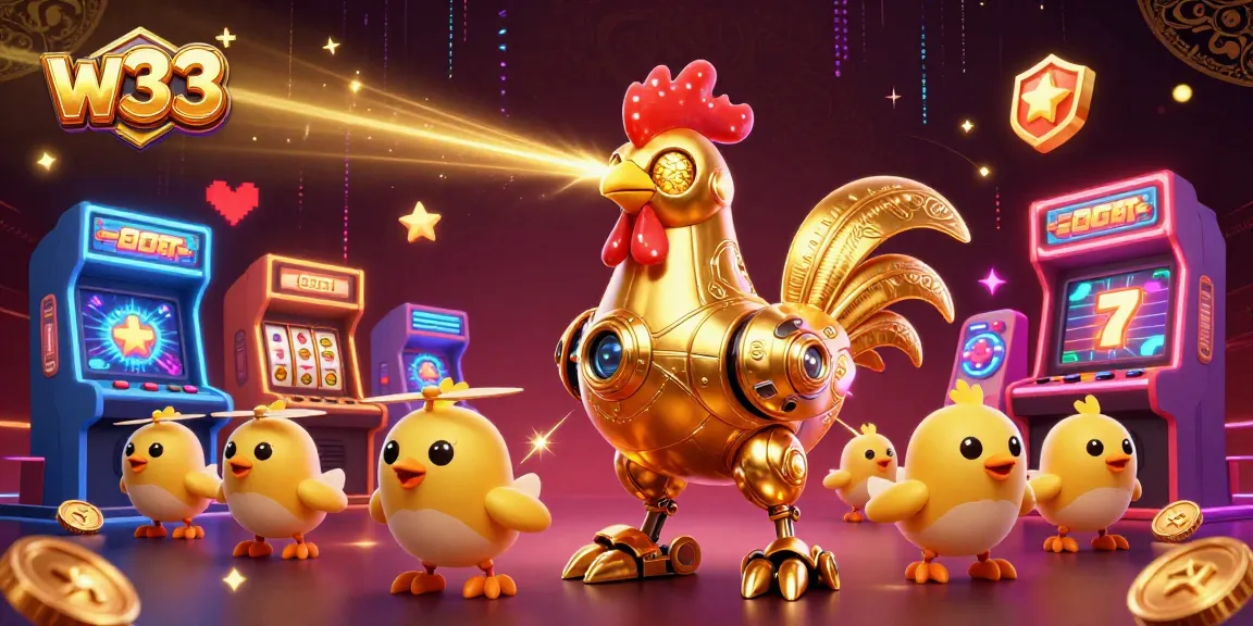 W33 casino showcases a vibrant scene with a golden rooster robot and arcade game elements.