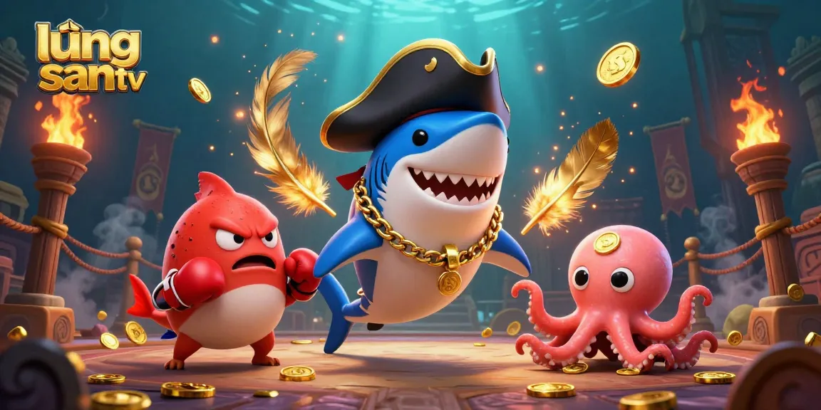Experience the thrill of lương sơn tv with a dynamic scene featuring a pirate shark and friends surrounded by gold and gambling elements.