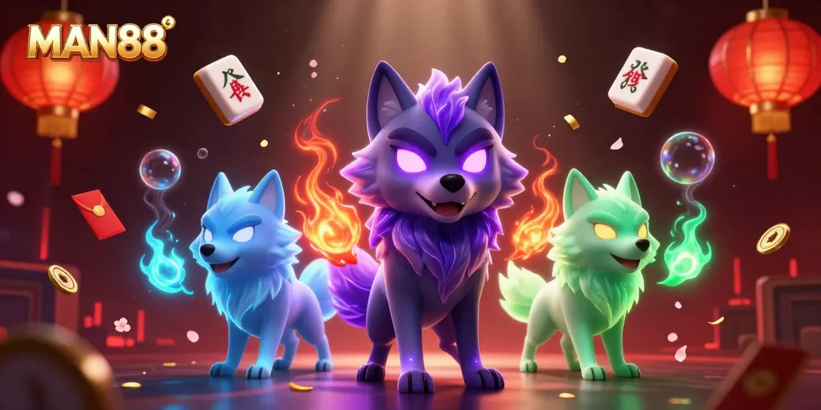 Experience thrilling action at MAN88 with a dynamic 3D scene featuring unique casino elements and shadowy wolves.