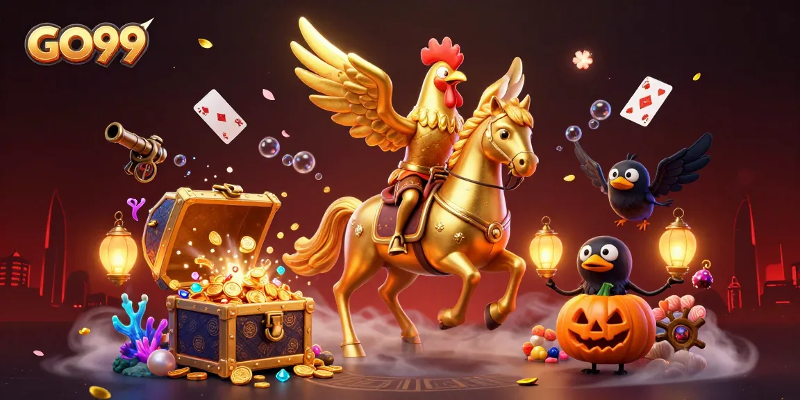 Engage with GO99's lively casino adventure featuring a golden rooster and gaming treasures.