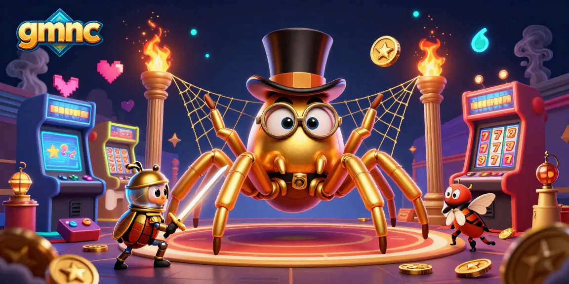 Engage in casino adventures with gmnc's 3D golden tarantula and beetle knight amidst vibrant gaming elements.