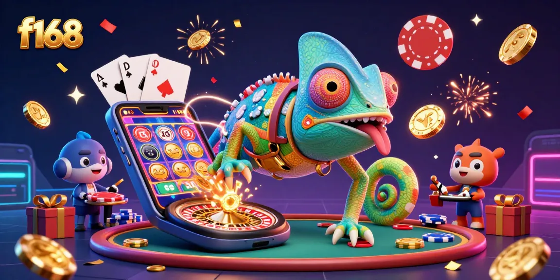 Experience thrilling wins at F168, featuring a vibrant chameleon casino owner amidst a colorful slot game scene.