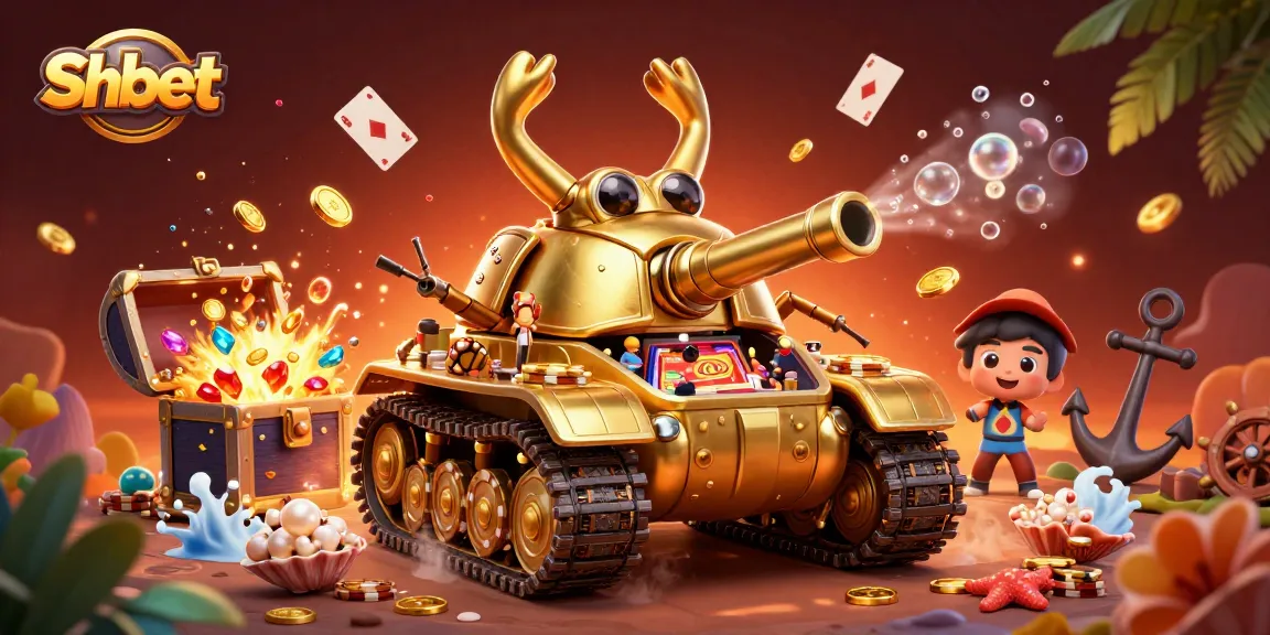 Join the excitement at Shbet with a vibrant 3D casino scene adorned with treasures and gaming elements.