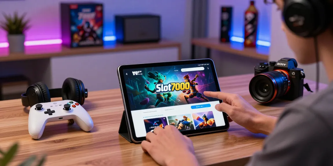 Slot7000 user engaging with gaming app on tablet amidst vibrant gaming setup