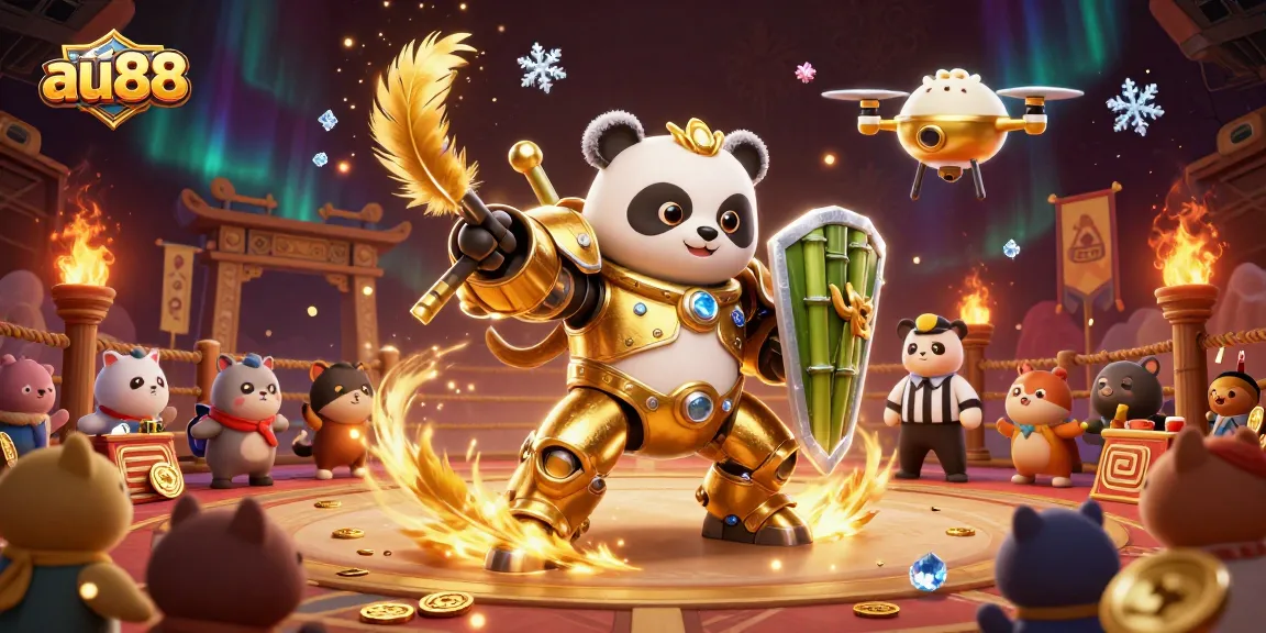 Engage in thrilling betting adventures at au88 with a vibrant 3D scene of a golden panda mech amidst a dynamic gambling arena.