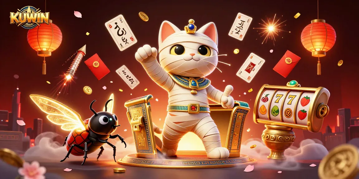 Engage in thrilling action with KUWIN's vibrant casino scene featuring a mummy cat and golden games.