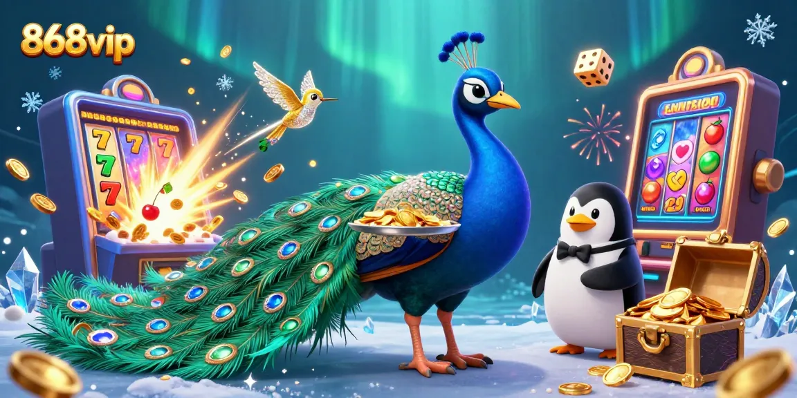Experience thrilling wins with the 868vip peacock and penguin in an exciting casino scene.