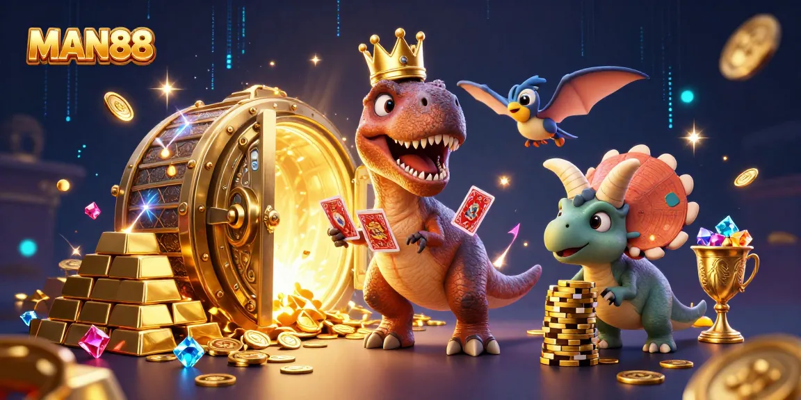 MAN88 showcases a joyful T-Rex shuffling cards and a baby triceratops stacking chips in a vibrant casino.