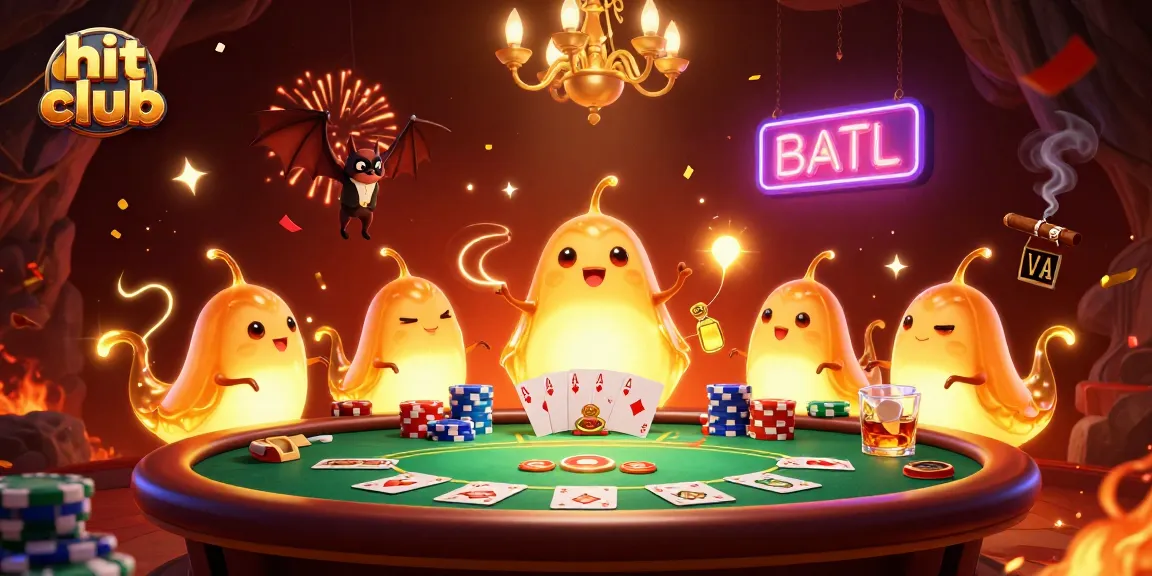 Hit club casino scene with glowworms illuminating poker table and vibrant decorations.