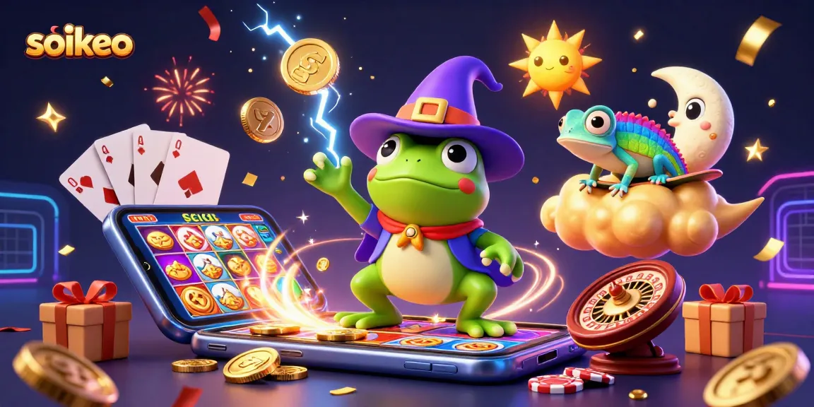 soikeo features a weather wizard frog amidst golden coins and a rainbow chameleon, celebrating gambling excitement